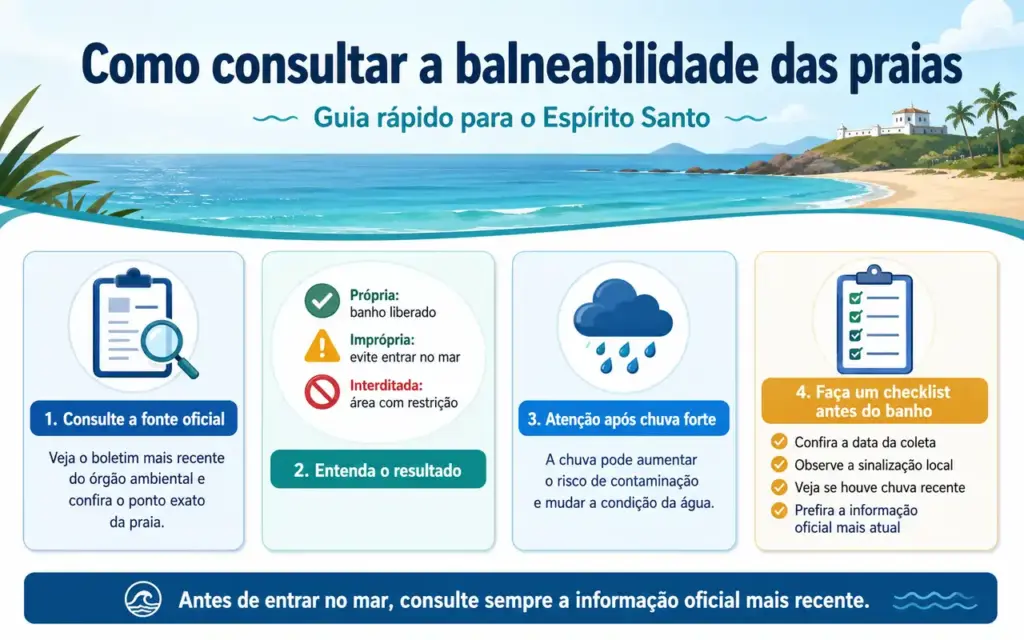 Infográfico sobre como consultar a balneabilidade das praias do Espírito Santo